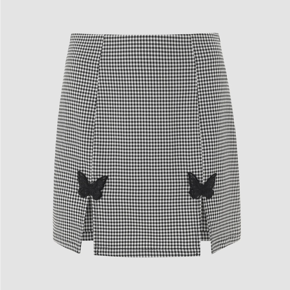 Cider Butterfly Slit Gingham Mini Skirt